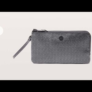 LULULEMON DOUBLE ZIP POUCH IN GREY METALLIC WITH BLACK TRIM.